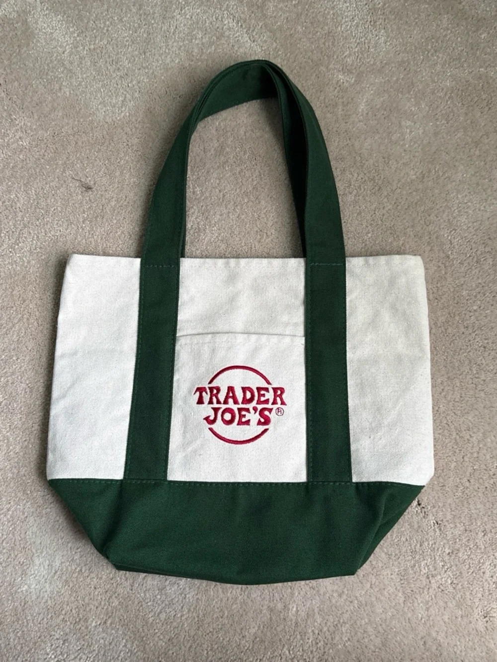 NWOT Trader Joe's white & green mini canvas tote bag with red logo